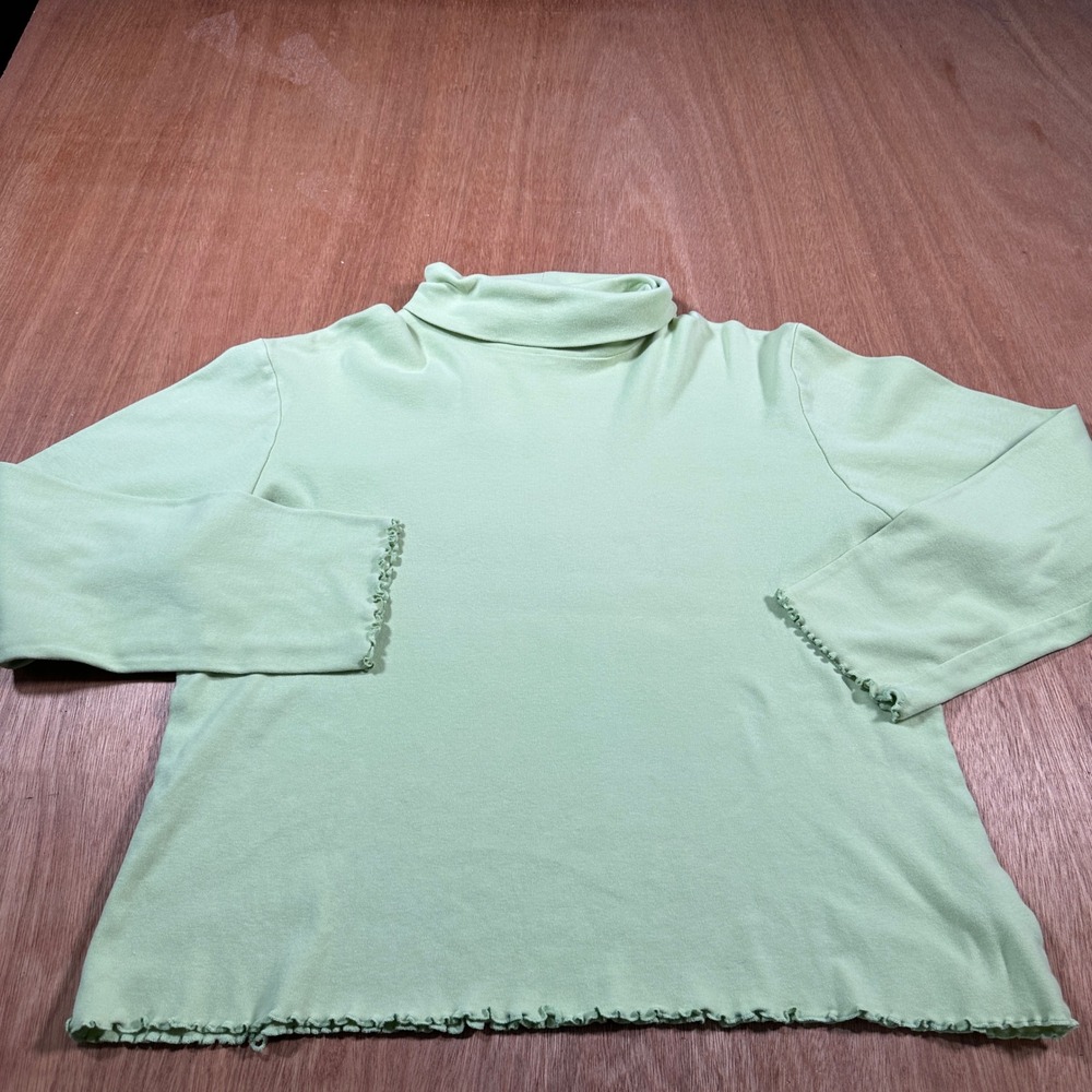 Coldwater Creek Turtleneck Women Large Green Lettuce Edge Cotton Long Sleeve Top